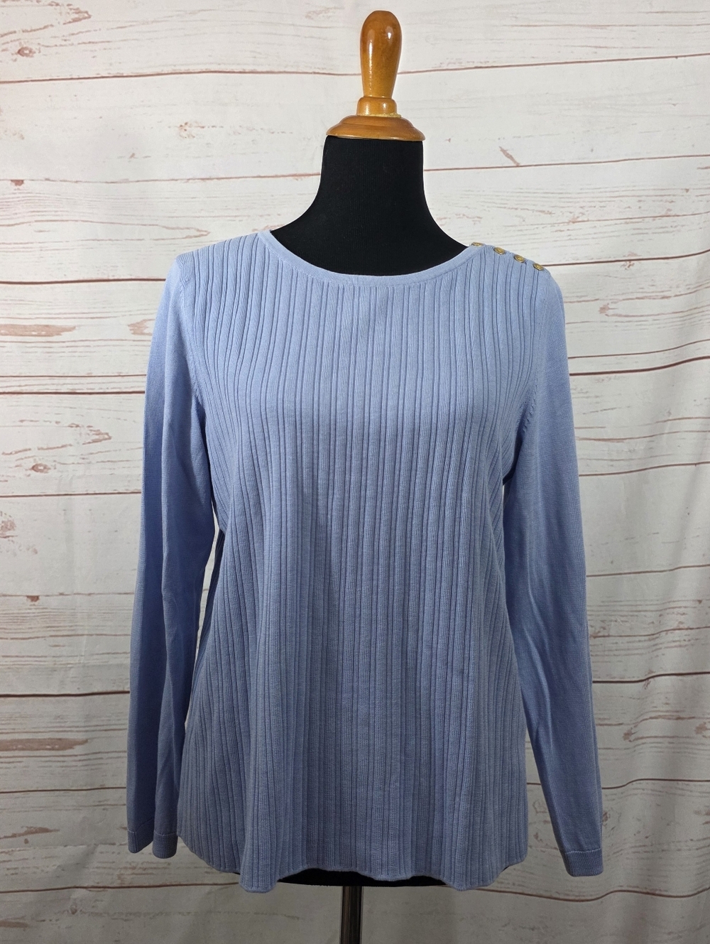 Talbots Petite Light Blue Button-Shoulder Knit Crewneck Sweater Size L NWT